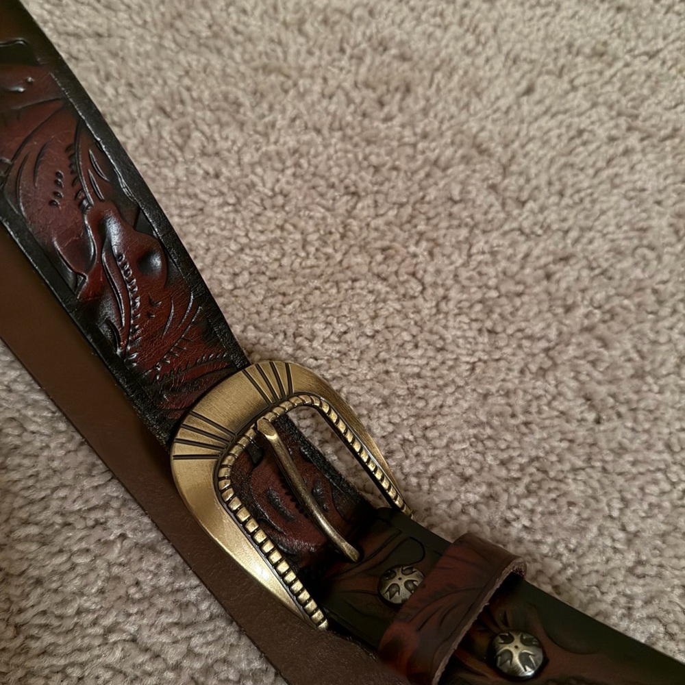 Patricia Nash Embossed Brown Leather Belt with Gold Buckle